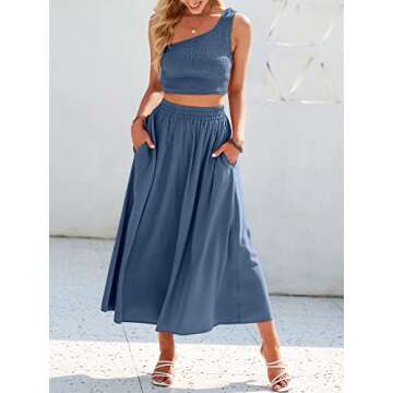 ANRABESS Women's 2 Pieces Outfits One Shoulder Smocked Crop Top & High Waist Long Skirt Dress Set with Pockets Deep Blue Small