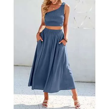 ANRABESS Women's 2 Pieces Outfits One Shoulder Smocked Crop Top & High Waist Long Skirt Dress Set with Pockets Deep Blue Small