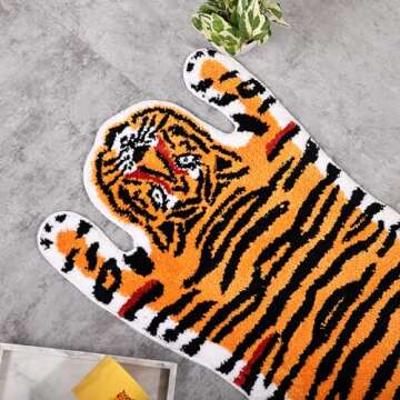 Panstar Tiger Bath Mat for Bathroom, Cute Orange Yellow Tiger Cartoon Non Slip Animal Shaped Absorbent Bathtub Bathroom Plush Shower Rugs