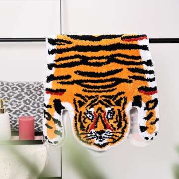Panstar Tiger Bath Mat for Bathroom, Cute Orange Yellow Tiger Cartoon Non Slip Animal Shaped Absorbent Bathtub Bathroom Plush Shower Rugs