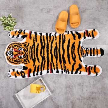 Panstar Tiger Bath Mat for Bathroom, Cute Orange Yellow Tiger Cartoon Non Slip Animal Shaped Absorbent Bathtub Bathroom Plush Shower Rugs
