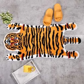 Panstar Tiger Bath Mat for Bathroom, Cute Orange Yellow Tiger Cartoon Non Slip Animal Shaped Absorbent Bathtub Bathroom Plush Shower Rugs