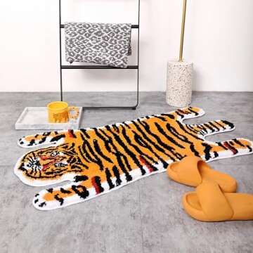 Panstar Tiger Bath Mat for Bathroom, Cute Orange Yellow Tiger Cartoon Non Slip Animal Shaped Absorbent Bathtub Bathroom Plush Shower Rugs