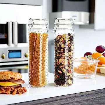 Yesland 2 Pcs 60 Oz Glass Food Storage Jar Canister with Airtight Seal Lid - Large Noodle Holder/Spaghetti Storage Container - Cereal Containers for Kitchen Canning, Pasta, Sugar, Beans and Spice