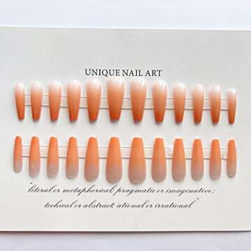 MERVF Coffin Press on Nails Long Fake Nails Orange French Tip Ballerina Glue on Nails with Ombre Des...