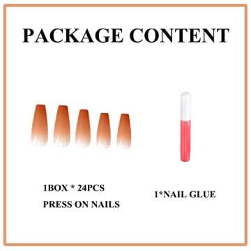 MERVF Coffin Press on Nails Long Fake Nails Orange French Tip Ballerina Glue on Nails with Ombre Design Artificial Acrylic Nails Glossy 24pcs False Nails Press ons
