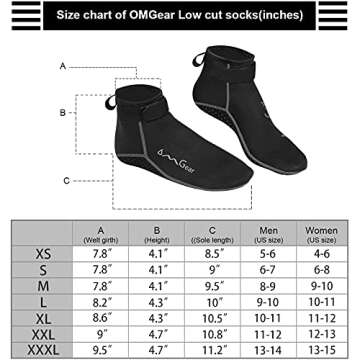 OMGear Water Socks Neoprene Socks Beach Booties Shoes 3mm Glued Blind Stitched Anti-Slip Wetsuit Boots Fin Swim Socks (3mm Low Cut/Grey, 2XL(men 11-12,women12-13))