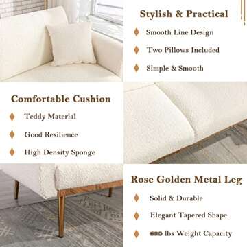 Antetek Futon Sofa Bed with 3 Adjustable Positions, Small Sleeper Sofa Loveseat with 2 Decorative Pillows, Modern Upholstered Convertible Couch with 5 Metal Tapered Legs, Ivory Teddy