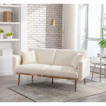 Antetek Futon Sofa Bed with 3 Adjustable Positions, Small Sleeper Sofa Loveseat with 2 Decorative Pillows, Modern Upholstered Convertible Couch with 5 Metal Tapered Legs, Ivory Teddy