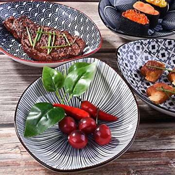 4-Pack Boat-Shaped Ceramic Plates with 4 Unique Designs – 8.1 Inch Non-Slip Appetizer Plates, Dish...