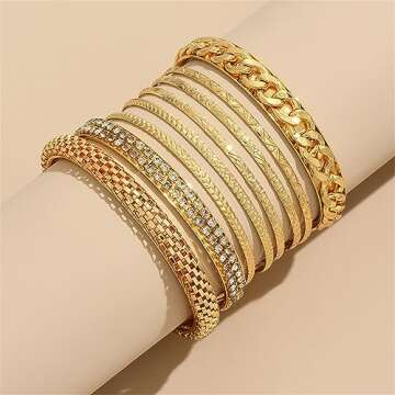 8Pcs Bohemian Indian Chunky Stackable Textured Bangle Bracelet Set Multilayer Boho Cable Rhinestone Bead Bracelet for Women Friend Vintage African Wedding Jewelry Birthday Gift-P 8pcs-1