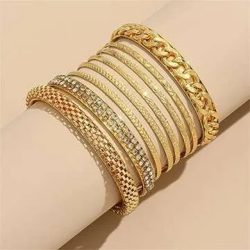 8Pcs Bohemian Indian Chunky Stackable Textured Bangle Bracelet Set Multilayer Boho Cable Rhinestone Bead Bracelet for Women Friend Vintage African Wedding Jewelry Birthday Gift-P 8pcs-1