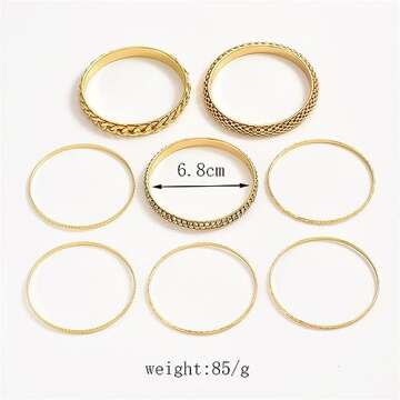 8Pcs Bohemian Indian Chunky Stackable Textured Bangle Bracelet Set Multilayer Boho Cable Rhinestone Bead Bracelet for Women Friend Vintage African Wedding Jewelry Birthday Gift-P 8pcs-1