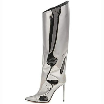 YIYA Women's Patent Leather Knee High Boots Sexy Pointed Toe Stiletto High Heels Metallic Bright Lea...