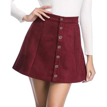 Fuinloth Women's Faux Suede Skirt Button Closure A-Line High Wasit Mini Short Skirt 2023 Wine Large ...