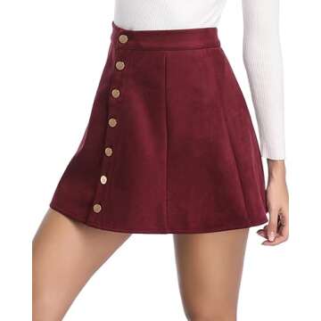 Fuinloth Women's Faux Suede Skirt Button Closure A-Line High Wasit Mini Short Skirt 2023 Wine Large (US 12-14)