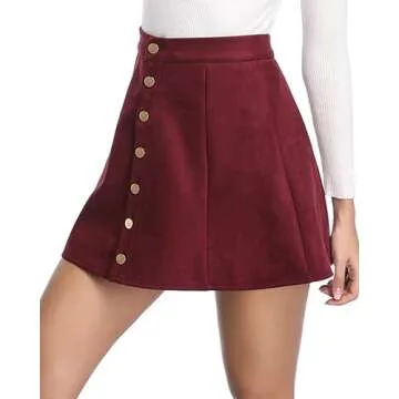 Fuinloth Women's Faux Suede Skirt Button Closure A-Line High Wasit Mini Short Skirt 2023 Wine Large (US 12-14)