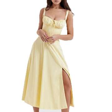 Women Cottagecore Dress Floral Maxi Dress Square Neck Vintage Spaghetti Strap Boydcon Long Flowy Dress Sundress (Yellow, S)