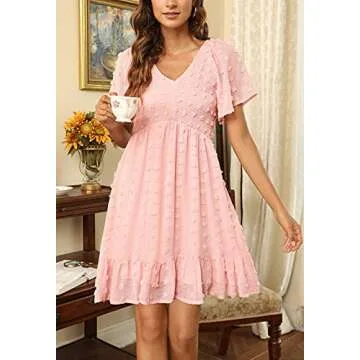 Zattcas Women 2025 Spring Summer Casual Boho Swiss Dot Smocked Short Sleeve Mini Graduation Easter Bridal Shower Maternity Wedding Guest Dress Pink S