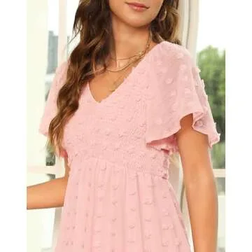 Zattcas Women 2025 Spring Summer Casual Boho Swiss Dot Smocked Short Sleeve Mini Graduation Easter Bridal Shower Maternity Wedding Guest Dress Pink S