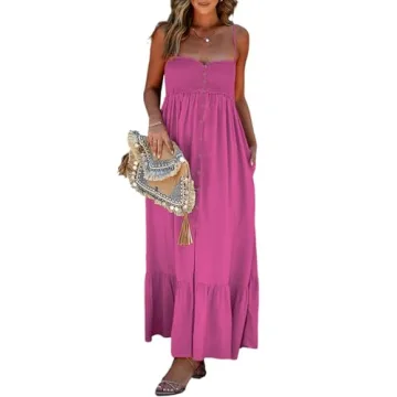 Dokotoo Beach Boho Dresses for Women 2025 Sleeveless Button Down Smocked Spaghetti Straps Open Back ...