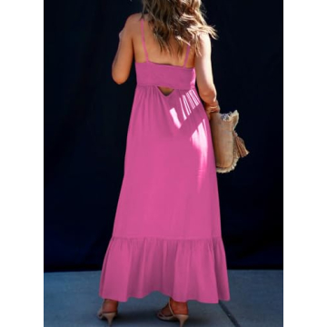 Dokotoo Beach Boho Dresses for Women 2025 Sleeveless Button Down Smocked Spaghetti Straps Open Back Loose Flowy Casual Summer Sundresses Cover Up Swing Cruise Outfits Maxi Long Dress Rosy X-Large