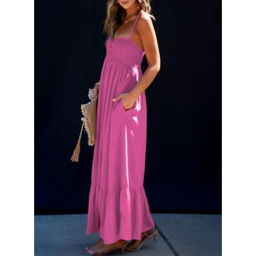 Dokotoo Beach Boho Dresses for Women 2025 Sleeveless Button Down Smocked Spaghetti Straps Open Back Loose Flowy Casual Summer Sundresses Cover Up Swing Cruise Outfits Maxi Long Dress Rosy X-Large