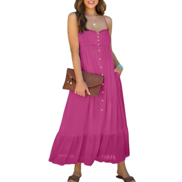 Dokotoo Beach Boho Dresses for Women 2025 Sleeveless Button Down Smocked Spaghetti Straps Open Back Loose Flowy Casual Summer Sundresses Cover Up Swing Cruise Outfits Maxi Long Dress Rosy X-Large
