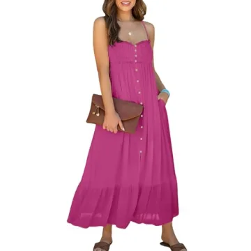Dokotoo Beach Boho Dresses for Women 2025 Sleeveless Button Down Smocked Spaghetti Straps Open Back Loose Flowy Casual Summer Sundresses Cover Up Swing Cruise Outfits Maxi Long Dress Rosy X-Large
