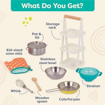 B. toys- Mini Chef - Pot & Pan Playset- Pretend Play Kitchen Accessories – Pot, Pan & Role-Play Cookware – Cooking Toys for Kids – Pretend Play Set – 3 Years + (9 Pcs)