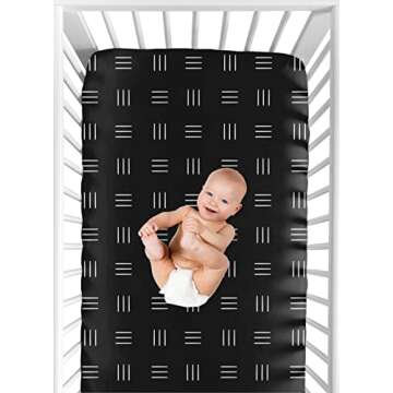 Sweet Jojo Designs Black and White Boho Mudcloth Boy or Girl Fitted Crib Sheet Baby or Toddler Bed Nursery - White Black Bohemian Woodland Tribal Southwest Mud Cloth Hatch Gender Neutral Triple Line
