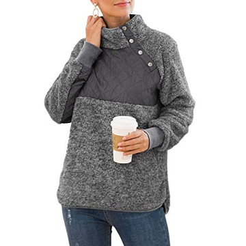 VIISHOW Women's Warm Long Sleeves Oblique Button Neck Splice Geometric Pattern Fleece Pullover Coat ...