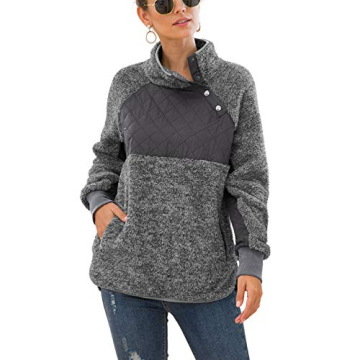 VIISHOW Women's Warm Long Sleeves Oblique Button Neck Splice Geometric Pattern Fleece Pullover Coat Sweatshirts Outwear with Pocket Dark Gray Large