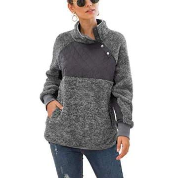 VIISHOW Women's Warm Long Sleeves Oblique Button Neck Splice Geometric Pattern Fleece Pullover Coat Sweatshirts Outwear with Pocket Dark Gray Large