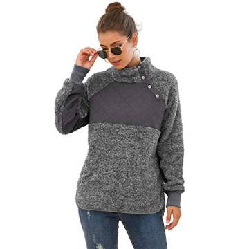 VIISHOW Women's Warm Long Sleeves Oblique Button Neck Splice Geometric Pattern Fleece Pullover Coat Sweatshirts Outwear with Pocket Dark Gray Large