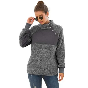 VIISHOW Women's Warm Long Sleeves Oblique Button Neck Splice Geometric Pattern Fleece Pullover Coat Sweatshirts Outwear with Pocket Dark Gray Large