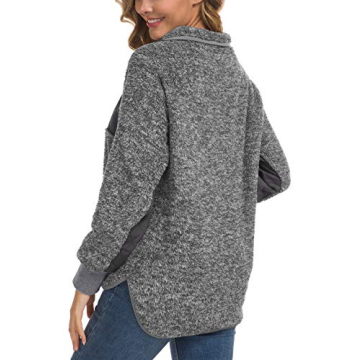 VIISHOW Women's Warm Long Sleeves Oblique Button Neck Splice Geometric Pattern Fleece Pullover Coat Sweatshirts Outwear with Pocket Dark Gray Large