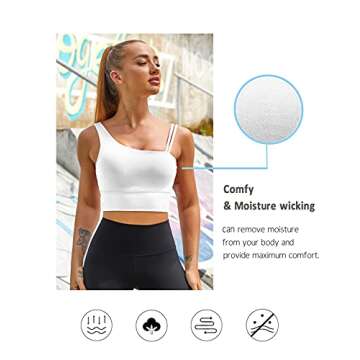 MELYUM Womens Long Line Sports Bra One Strap Workout Crop Tank Tops Supportive Yoga Open Back Asymmetrical Activewear White