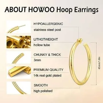 Gold Hoop Earrings 14K Gold Plated Lightweight Stylish Gifts