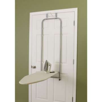 Household Essentials 144222 Over The Door Small Ironing Board with Iron Holder, Natural Cotton Cover Silver