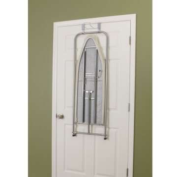 Household Essentials 144222 Over The Door Small Ironing Board with Iron Holder, Natural Cotton Cover Silver