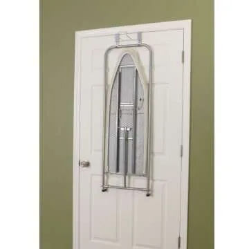 Household Essentials 144222 Over The Door Small Ironing Board with Iron Holder, Natural Cotton Cover Silver