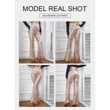 BLENCOT Womens Glitter Sequin Wide Leg Palazzo Pants High Waist Bell Bottoms Night Club Sparkle Flared Trousers Apricot M
