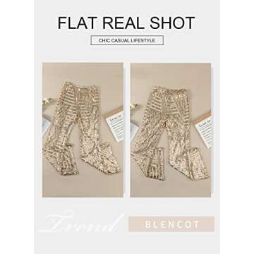 BLENCOT Womens Glitter Sequin Wide Leg Palazzo Pants High Waist Bell Bottoms Night Club Sparkle Flared Trousers Apricot M