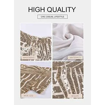 BLENCOT Womens Glitter Sequin Wide Leg Palazzo Pants High Waist Bell Bottoms Night Club Sparkle Flared Trousers Apricot M