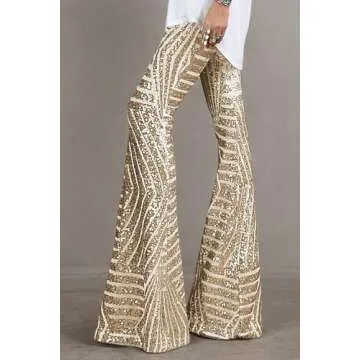 BLENCOT Womens Glitter Sequin Wide Leg Palazzo Pants High Waist Bell Bottoms Night Club Sparkle Flared Trousers Apricot M