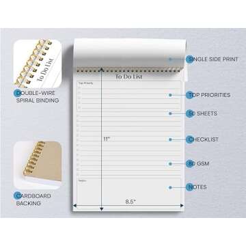 Better Office Products To Do List Notepad, 8.5" x 11", Planning Note Pad, 50 Sheets, Double Wire Spi...