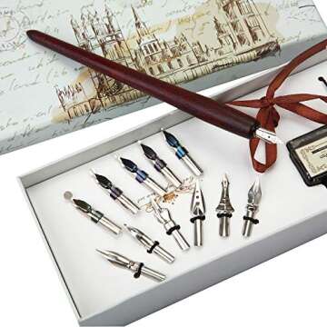 OPENDGO Calligraphy Pens Set - Wooden Dip Pen Handcrafted Calligraphy Set with 11 Nibs & Black Ink