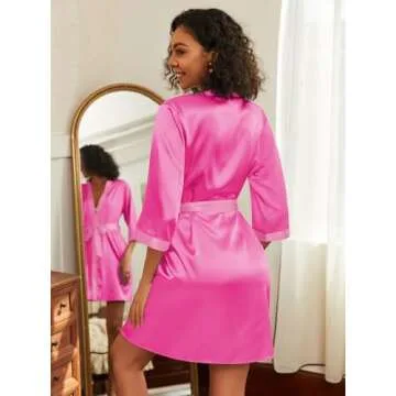 Ekouaer Women's Satin Robes Silk Kimono Bathrobe 3/4 Sleeve Bridal Bridesmaids Robes Soft Silky Slee...