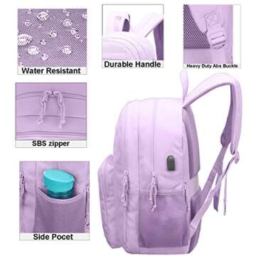 KEOFID Classic Travel backpack for Men and Women, Anti Theft Laptop Backpack with USB Charging Port for Work, Large Bag for College, Water Resistent(Light Purple)